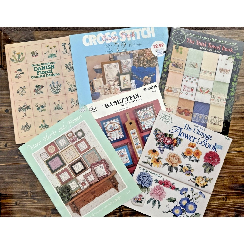 Vintage Cross Stitch Pattern Book Lot Danish Floral Embroidery Needlework